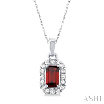 5x3 MM Octagonal Shape Garnet and 1/20 Ctw Single Cut Diamond Halo Semi-Precious Pendant with Chain in 14K White Gold